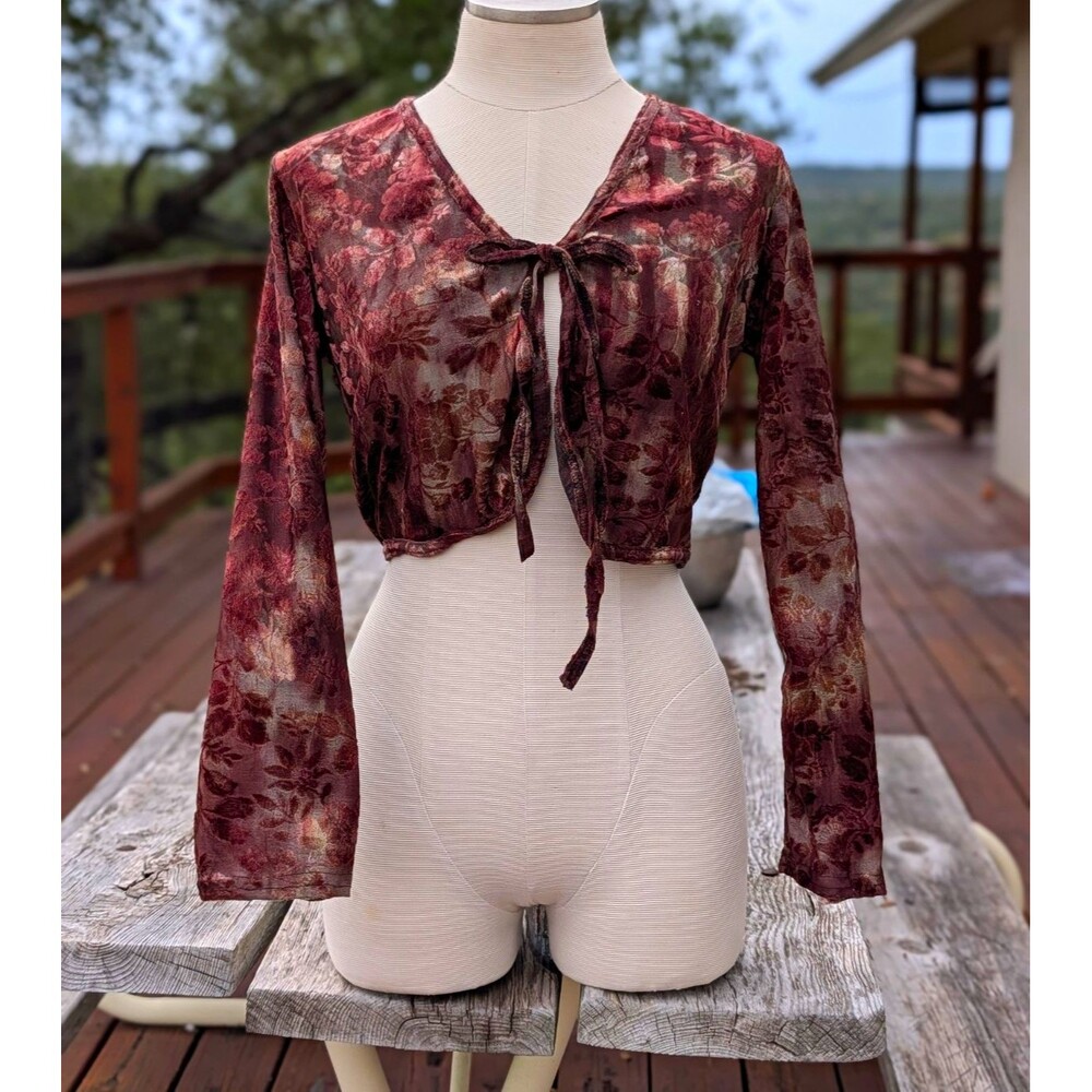 Y2K Cropped Floral Velvet Tie Front Long Sleeve Stretch Crop Cover M USA 2000s
